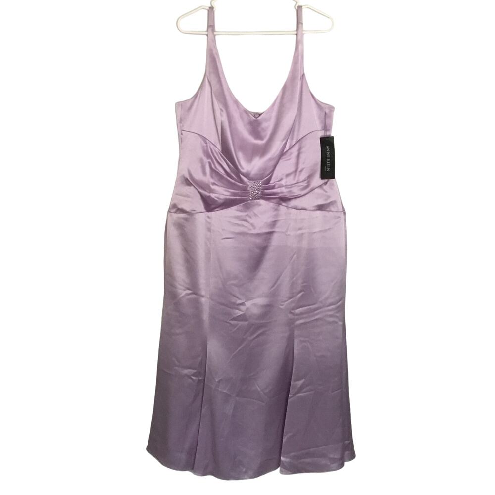 ANNE KLEIN Satin Purple Cocktail Sheath Dress Front Bow size 16 rhinestone